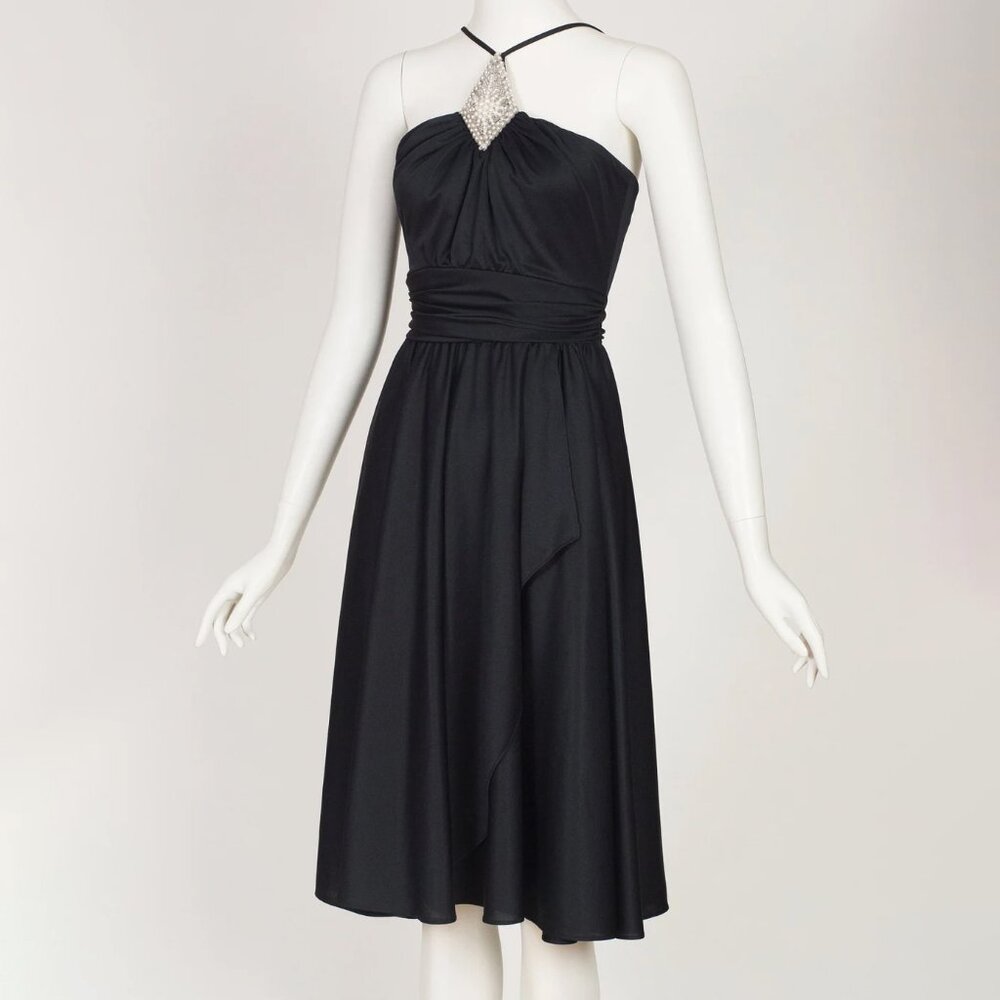 1970s Vintage Pearl Neckline Black Draped Jersey Evening Dress Sz XS